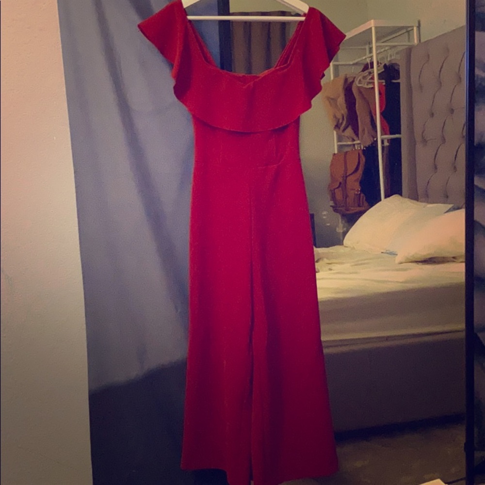 OFF SHOULDER RED WIDE LEG JUMPSUIT
